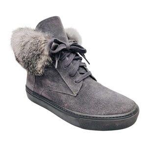 VINCE. Nyack Graphite Gray Suede Rabbit Fur-Cuff High Top Lace Up Sneaker